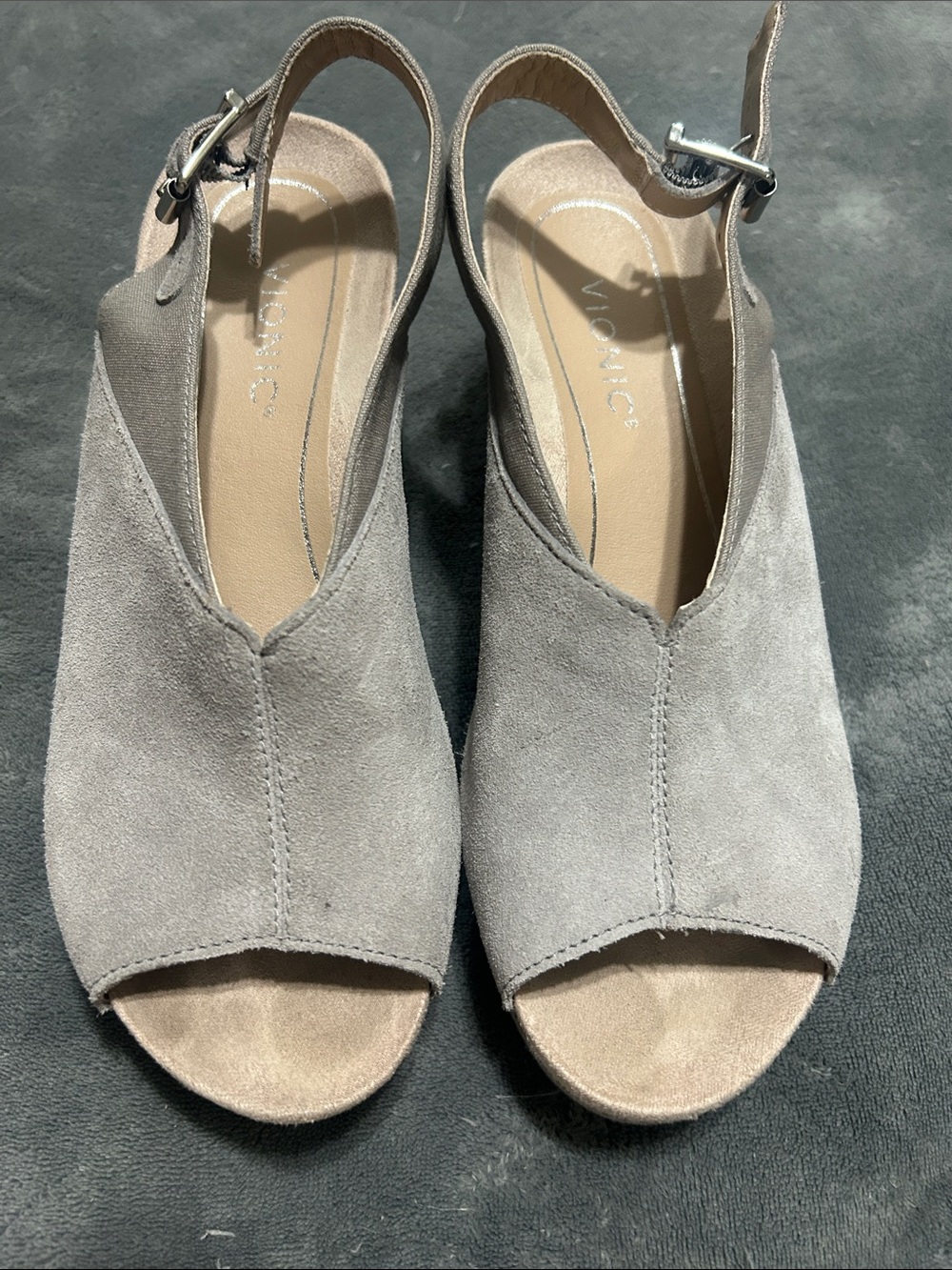 Vionic Trixie Gray/Taupe Suede Peep-Toe Wedge Slingbacks - Picture 2 of 4
